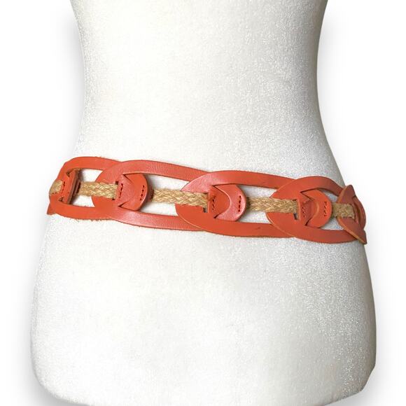Linea Pelle Leather Link Jute Hip Sling Belt Sz S Orange Tan Ring Buckle Boho - Picture 4 of 9